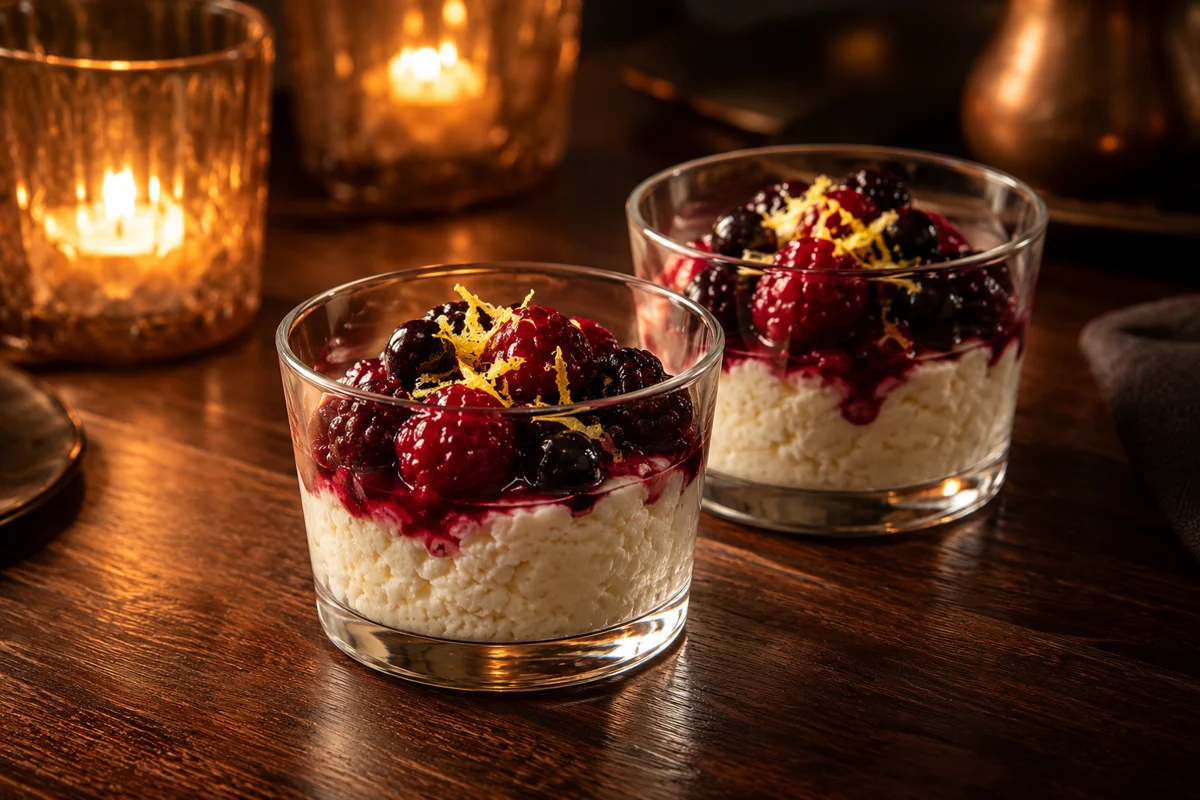 Individual ricotta cheesecake cups served by candlelight