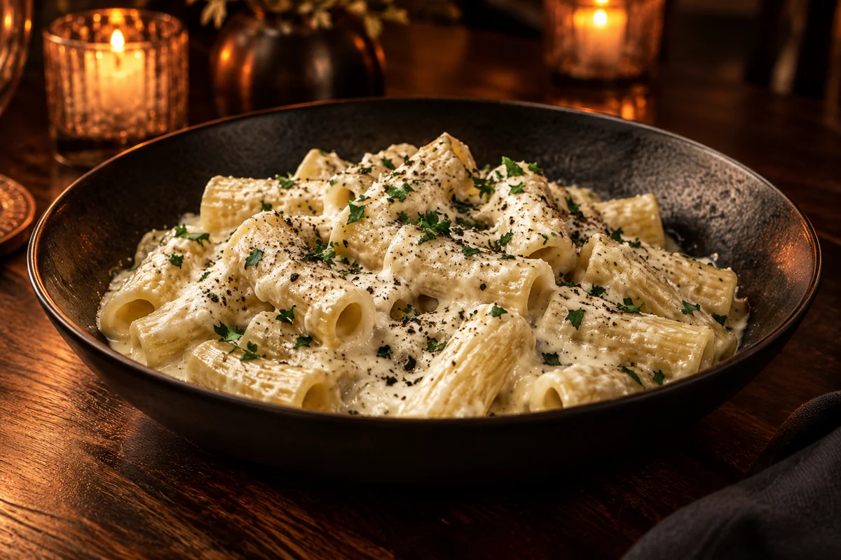Rigatoni coated in creamy Alfredo sauce in a black pasta bowl