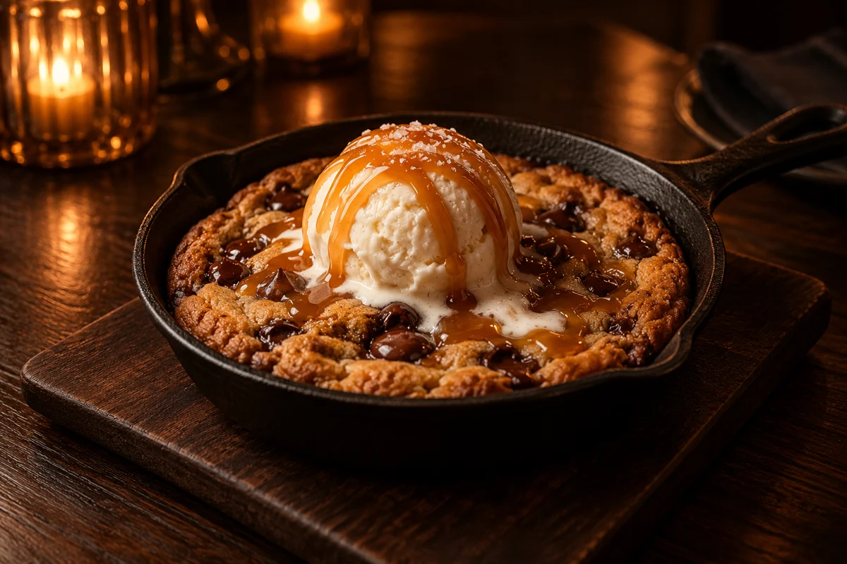 Warm chocolate chip skillet cookie with vanilla ice cream and hot fudge