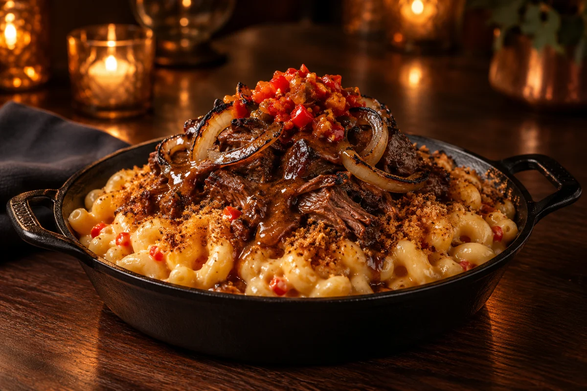 Mac and cheese topped with braised beef and charred onions in a cast-iron skillet