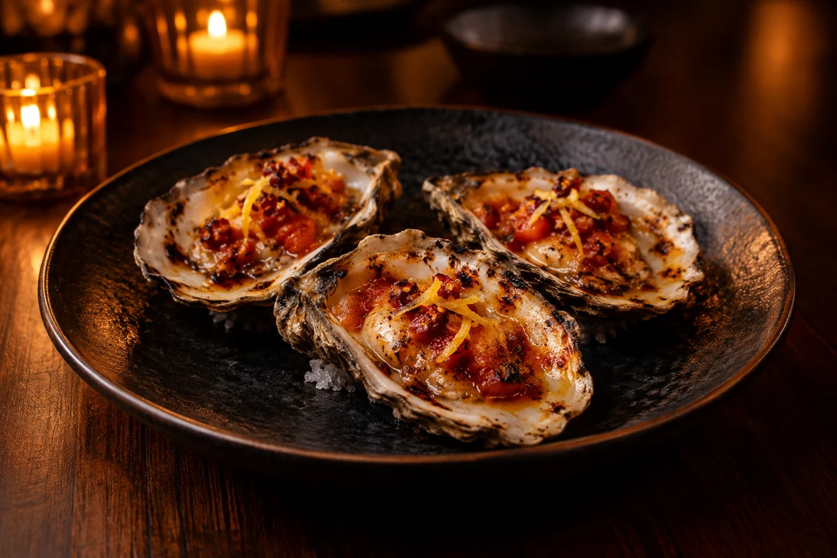 Charred oyster in its shell presented on a black plate