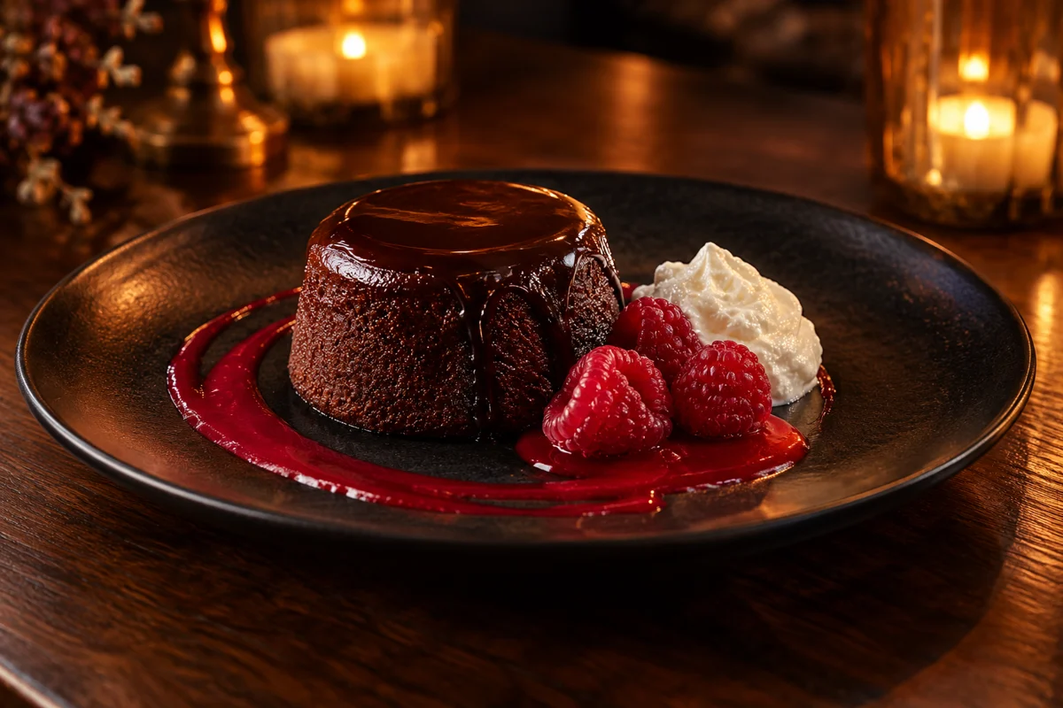 Chocolate fondant with raspberry coulis on a black dessert plate