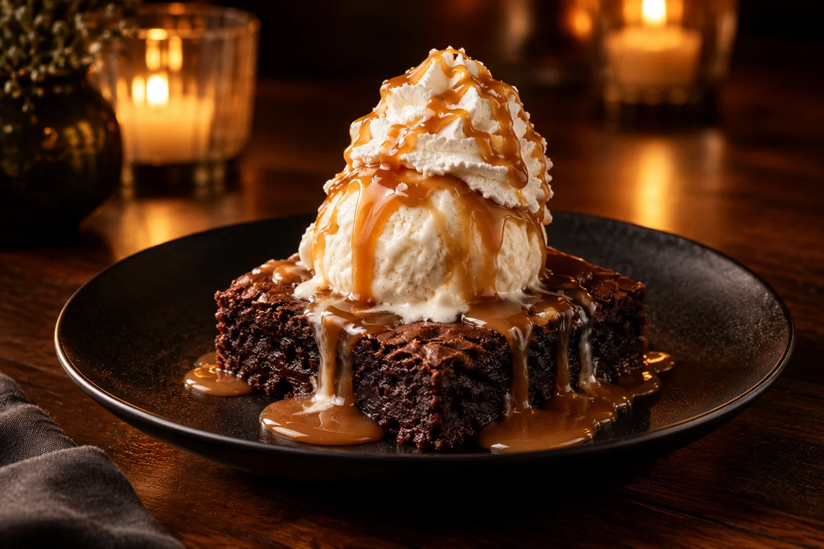 Brownie sundae topped with vanilla ice cream, caramel and whipped cream