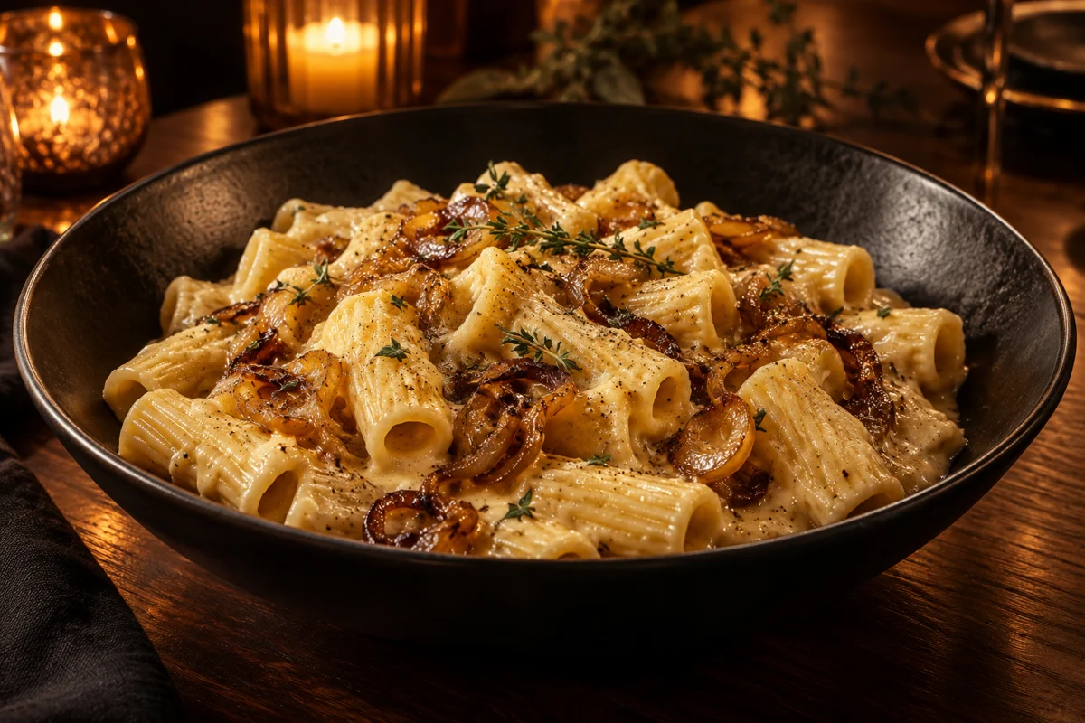Rigatoni coated in smoked Gouda cream sauce in a black pasta bowl