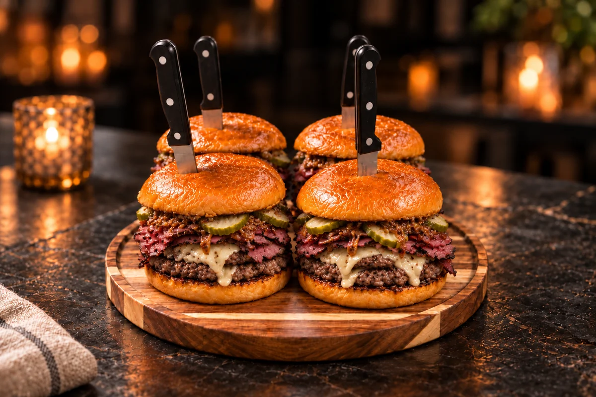 Four pastrami smash burgers with Swiss and pickles, each with a knife, on a round wooden board