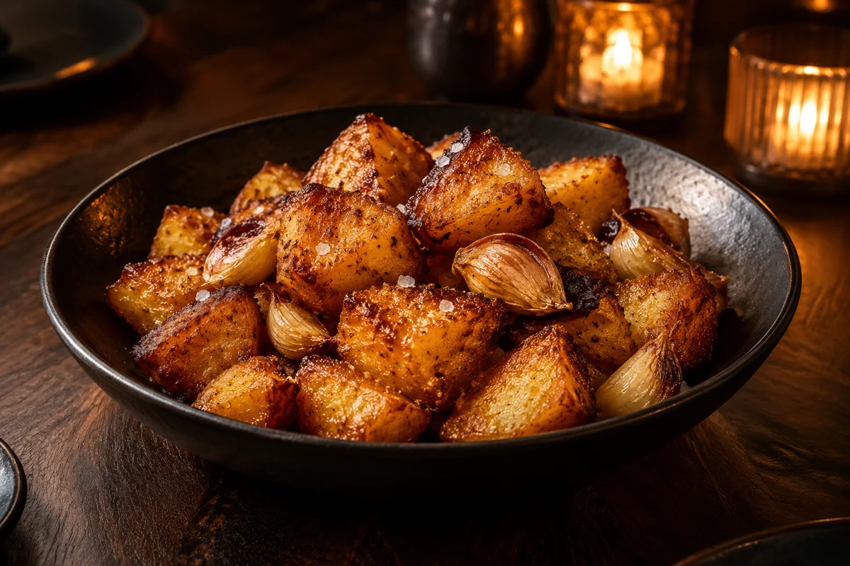 Golden roasted potatoes with crisp browned edges in a black serving bowl