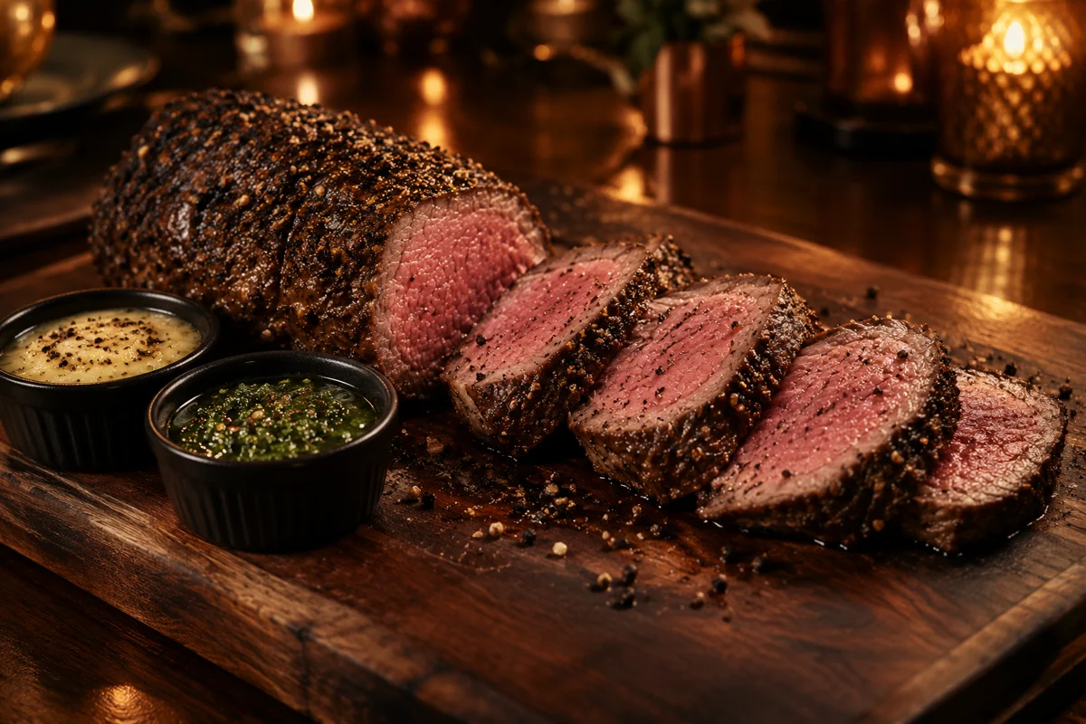 Sliced beef tenderloin with bone marrow butter and chimichurri