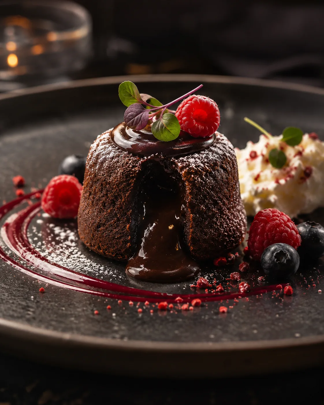 Warm chocolate dessert with vanilla ice cream