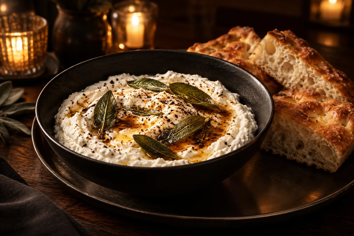 Whipped ricotta served with toasted bread on a dark platter