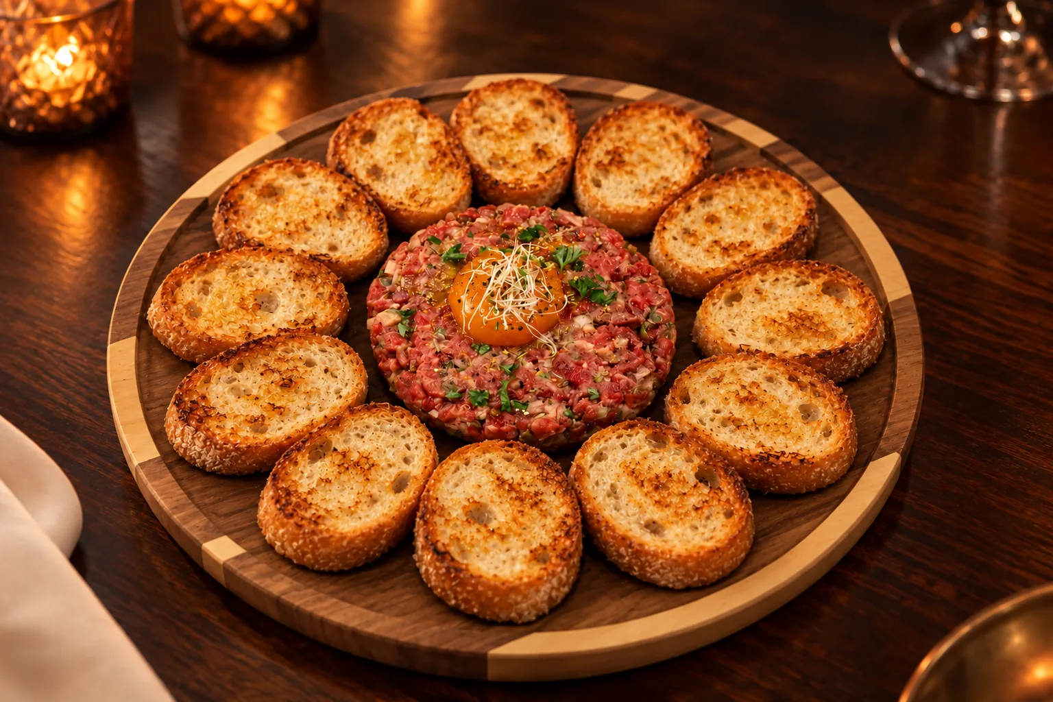 Beef tartare on a round wooden board surrounded by a circle of round crostini