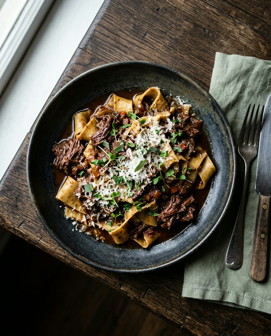 Handmade pappardelle with braised short rib ragu served family style
