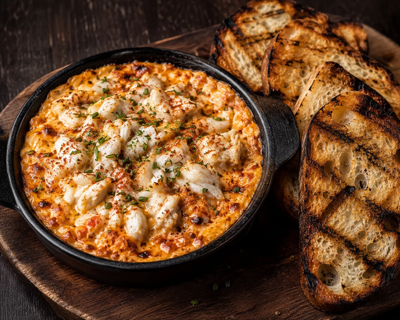 Bubbling crab dip in a cast iron pan with grilled bread, from the After Hours menu