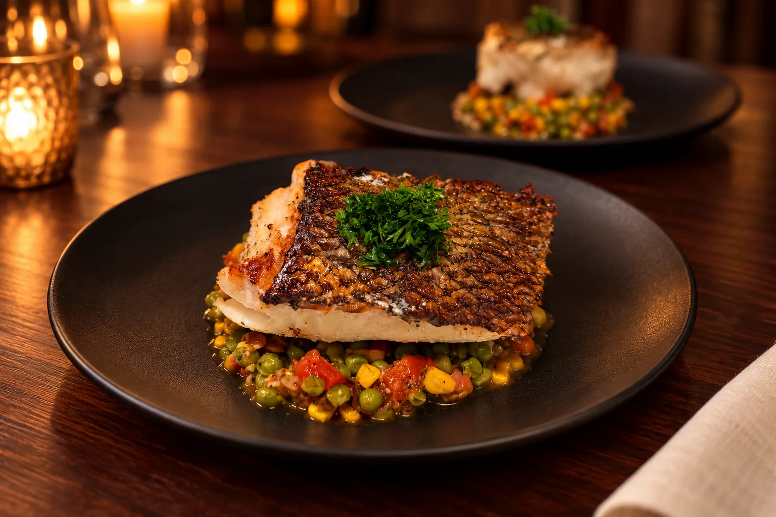 Crisp-skinned sea bass over Southern succotash on a solid black plate