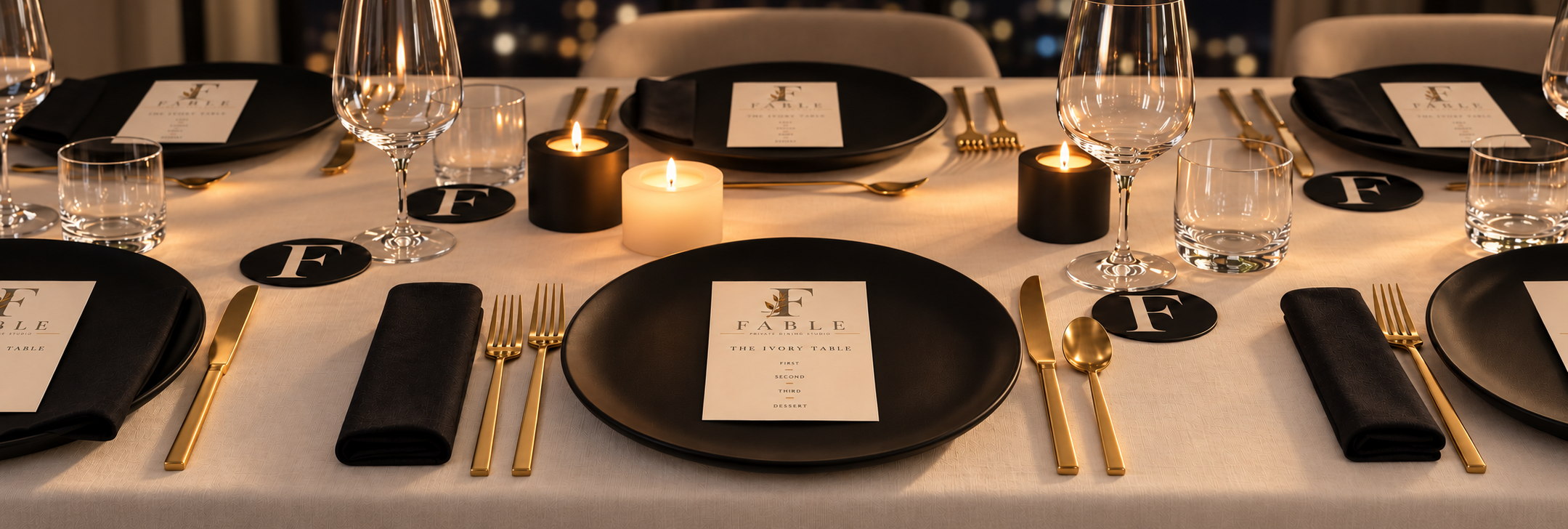A modern Fable table set at night with ivory linen, black plates and napkins, gold flatware, F coasters and 4 by 6 inch branded menus