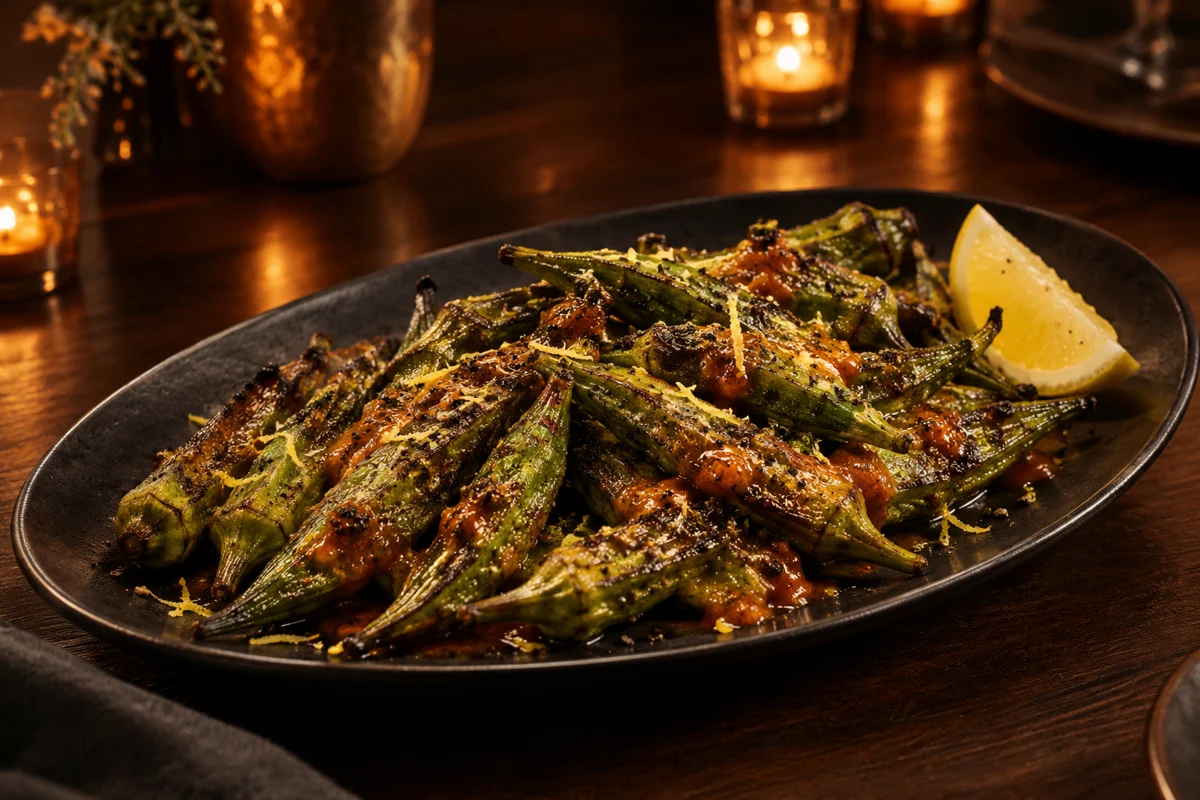 Blistered charred okra served on a black platter