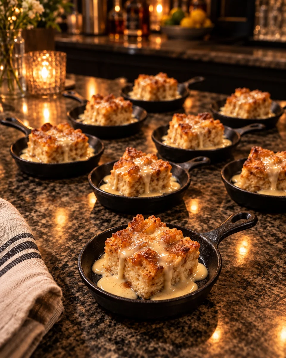Individual bread puddings with bourbon caramel in cast-iron skillets