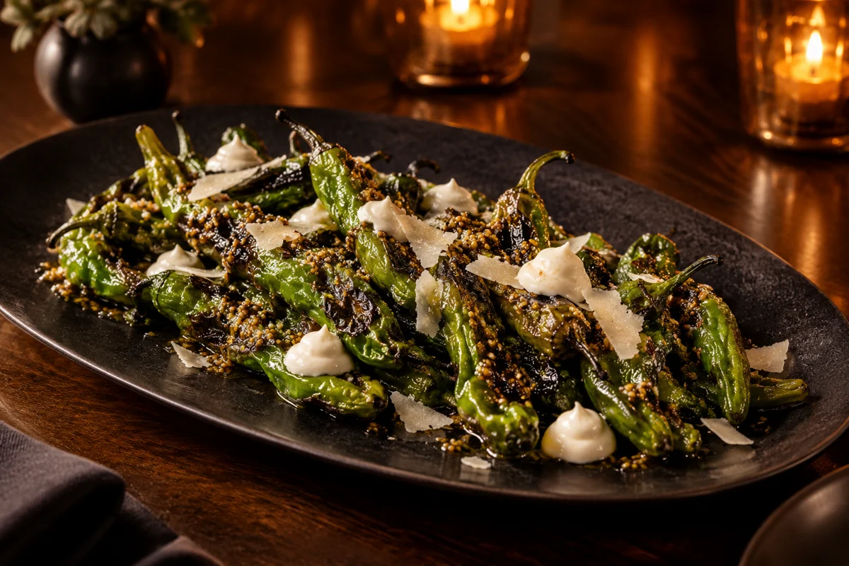 Charred shishito peppers with mustard dressing, crème fraîche and Parmesan
