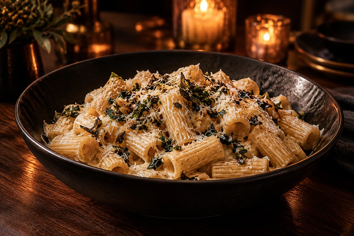 Rigatoni in roasted garlic Parmesan cream sauce in a black bowl