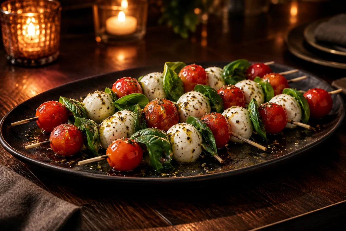 Skewers of mozzarella, tomatoes and basil on a black platter