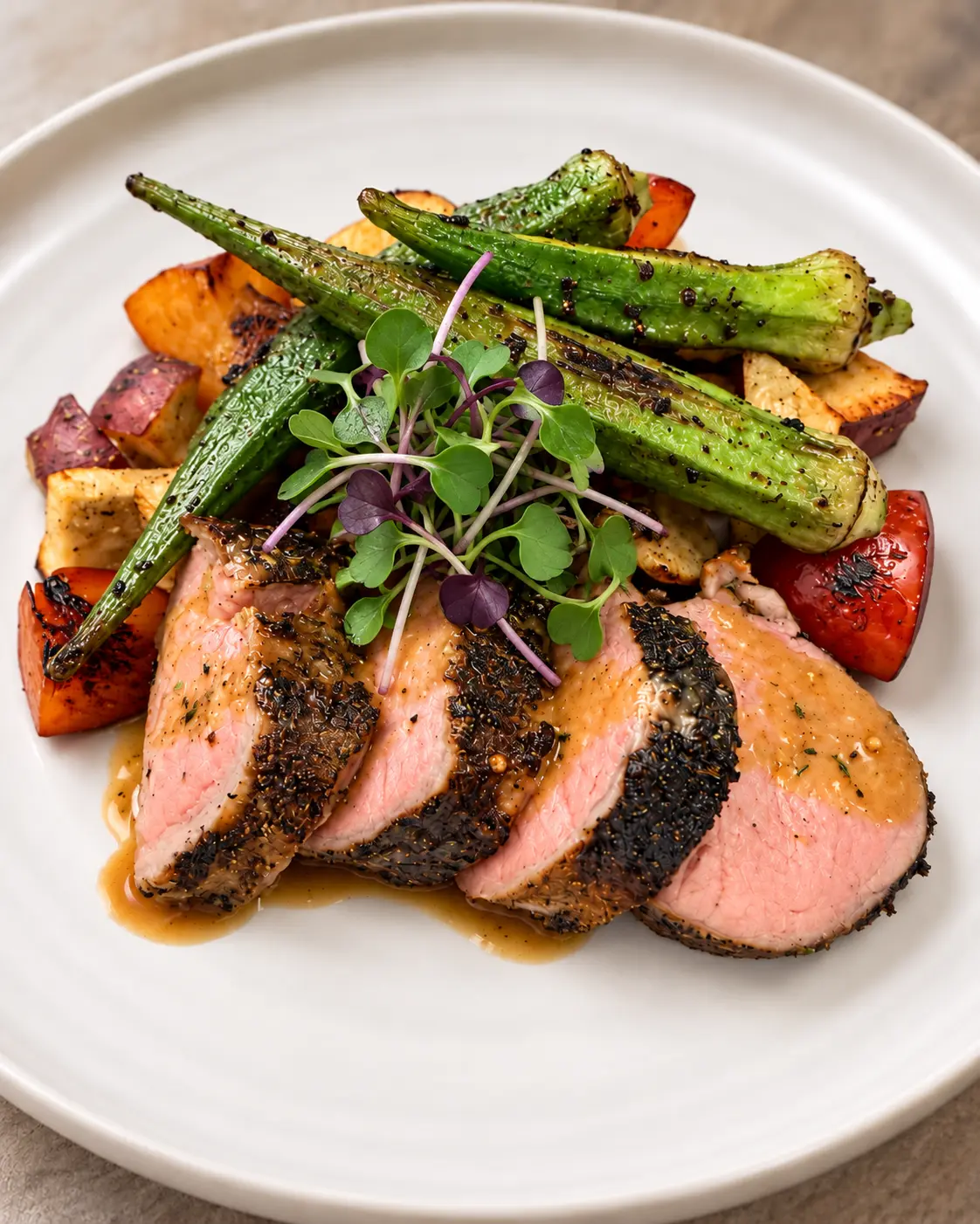 Sliced steak with charred vegetables and pan sauce
