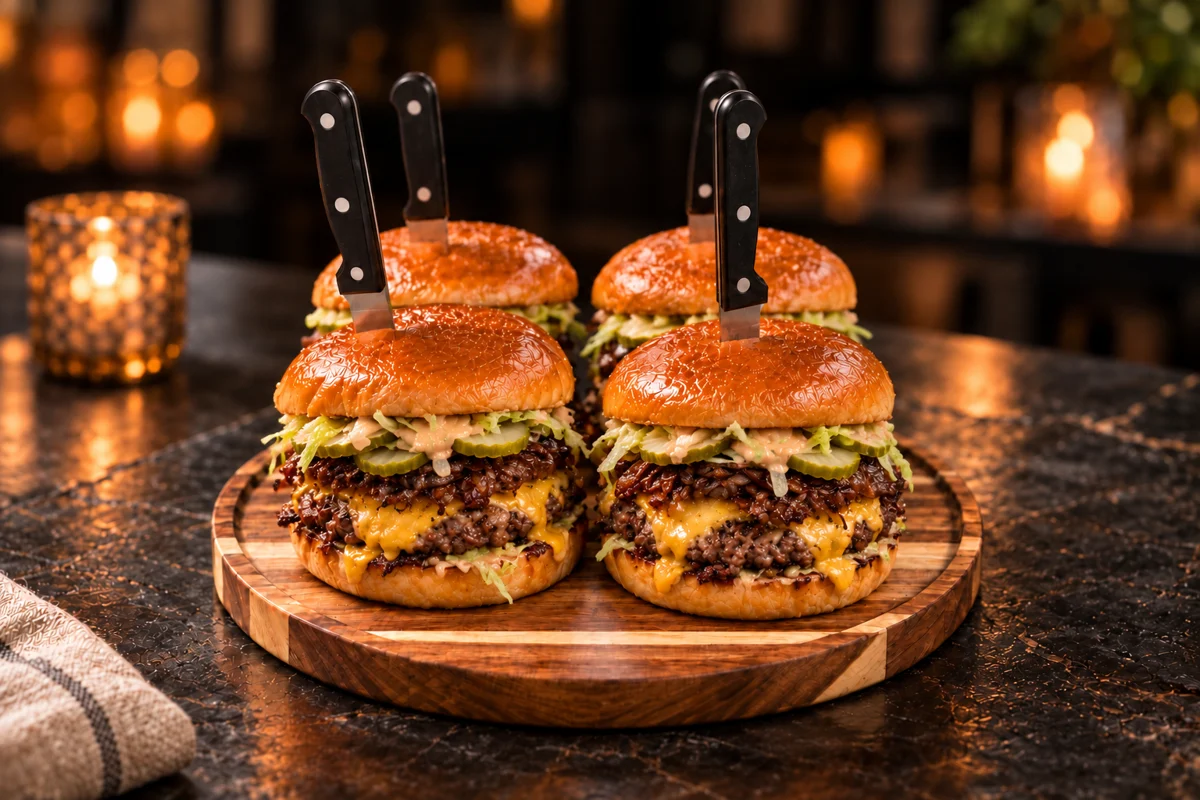 Four double beef burgers on toasted brioche, each with a knife, on a round wooden board