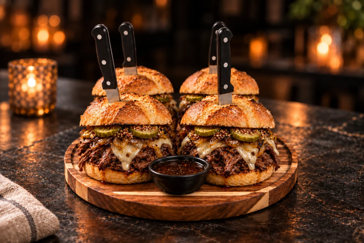 Four braised beef sandwiches on toasted hearth rolls with knives on a round wooden board