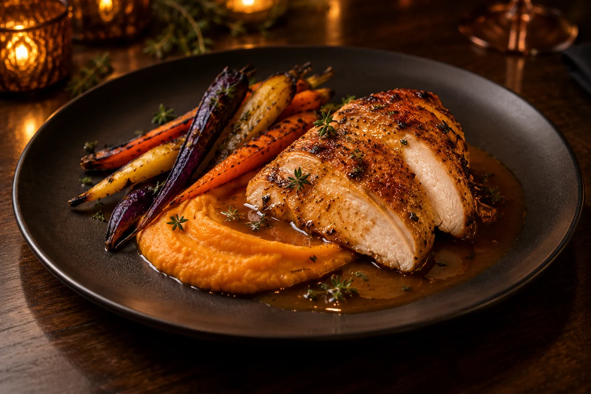 Roasted tea-brined chicken with sweet potato purée, charred carrots and chicken jus