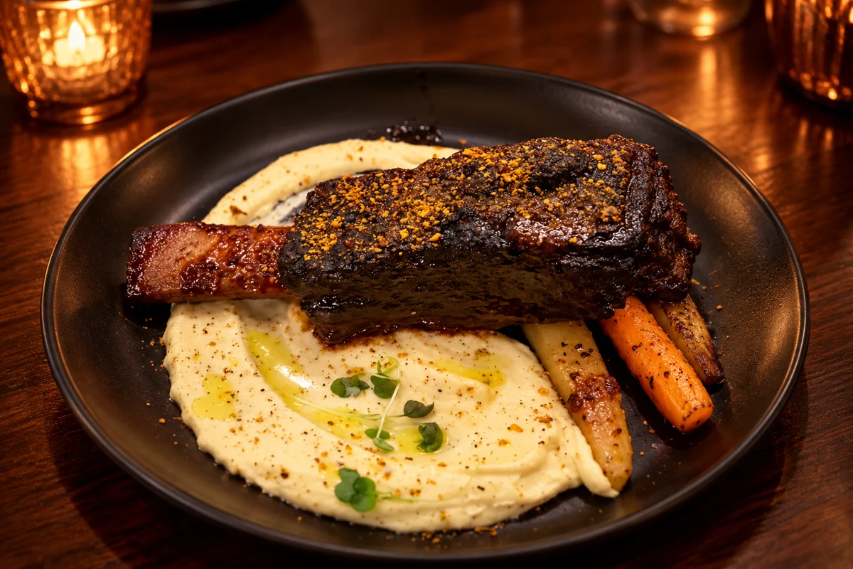 Glazed braised beef short rib with parsnip purée and carrots on a black plate