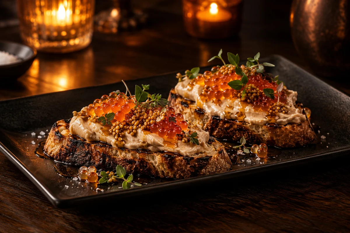 Grilled sourdough topped with whipped bone marrow and orange trout roe on a black platter