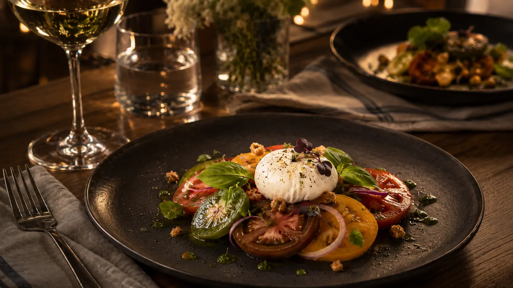 Heirloom tomato and burrata salad by candlelight