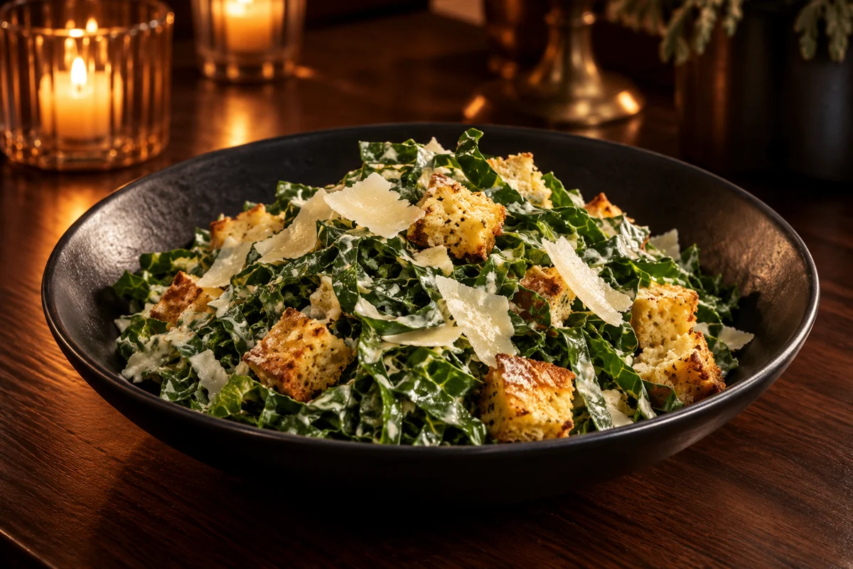 Collard green Caesar salad with cornbread croutons and shaved Parmesan in a black bowl