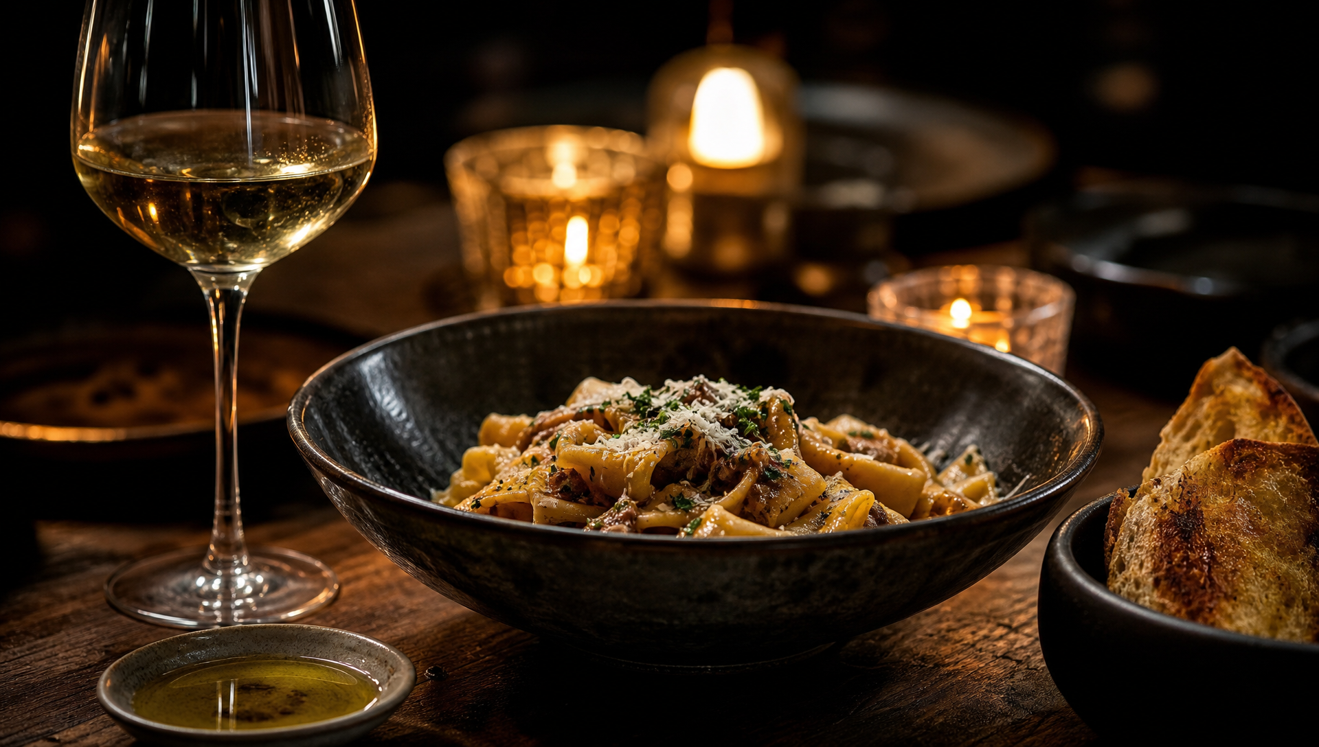 A plated course from a Fable private dinner, served on dark ceramic by candlelight