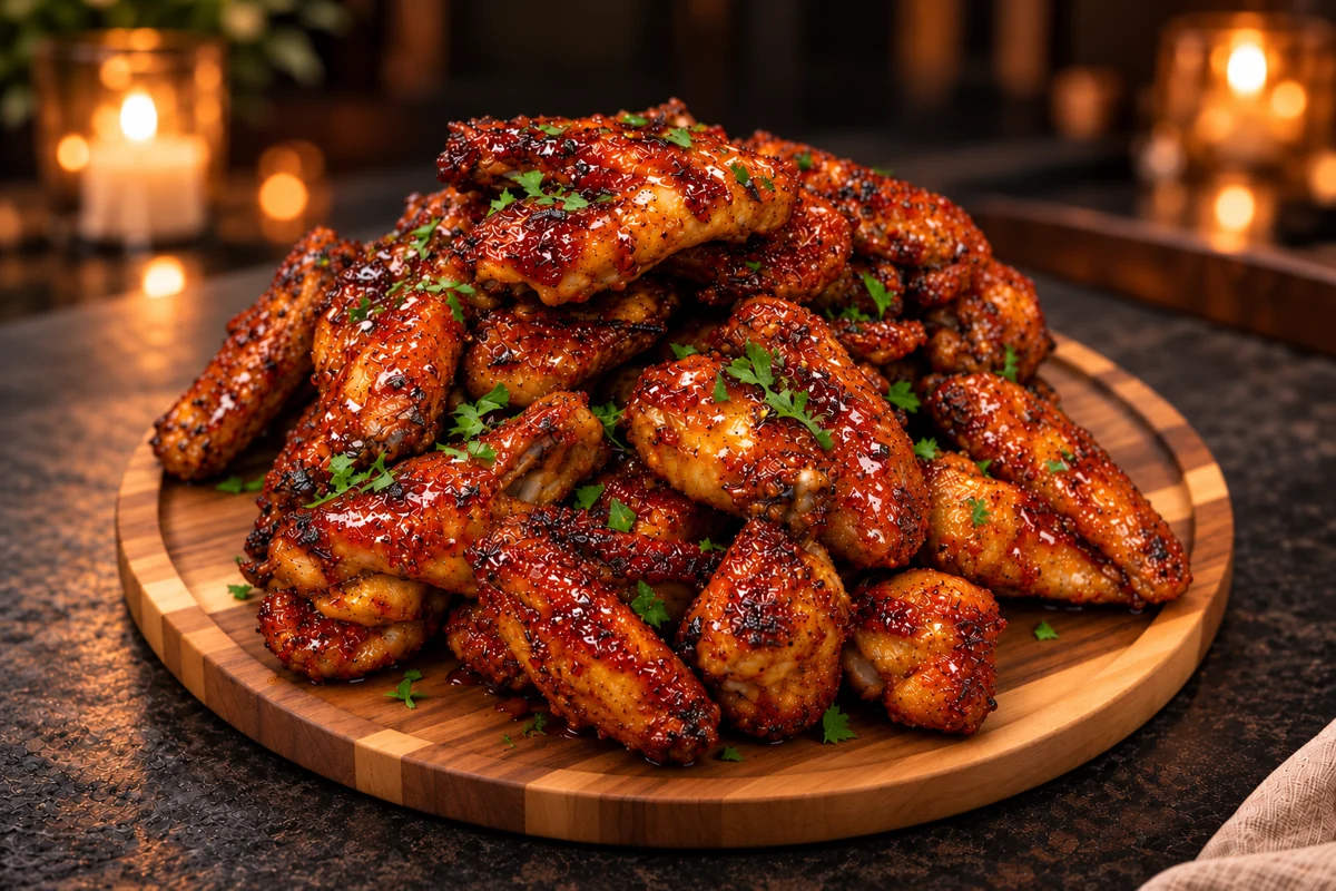 Fermented hot honey wings on a round wooden board