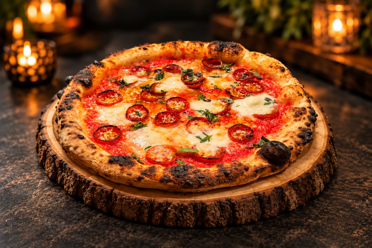 Calabrian honey pepperoni pizza on a round wooden board