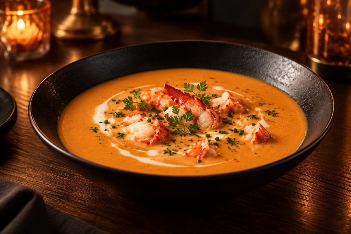 Lobster bisque with crème fraîche and fresh herbs in a black bowl