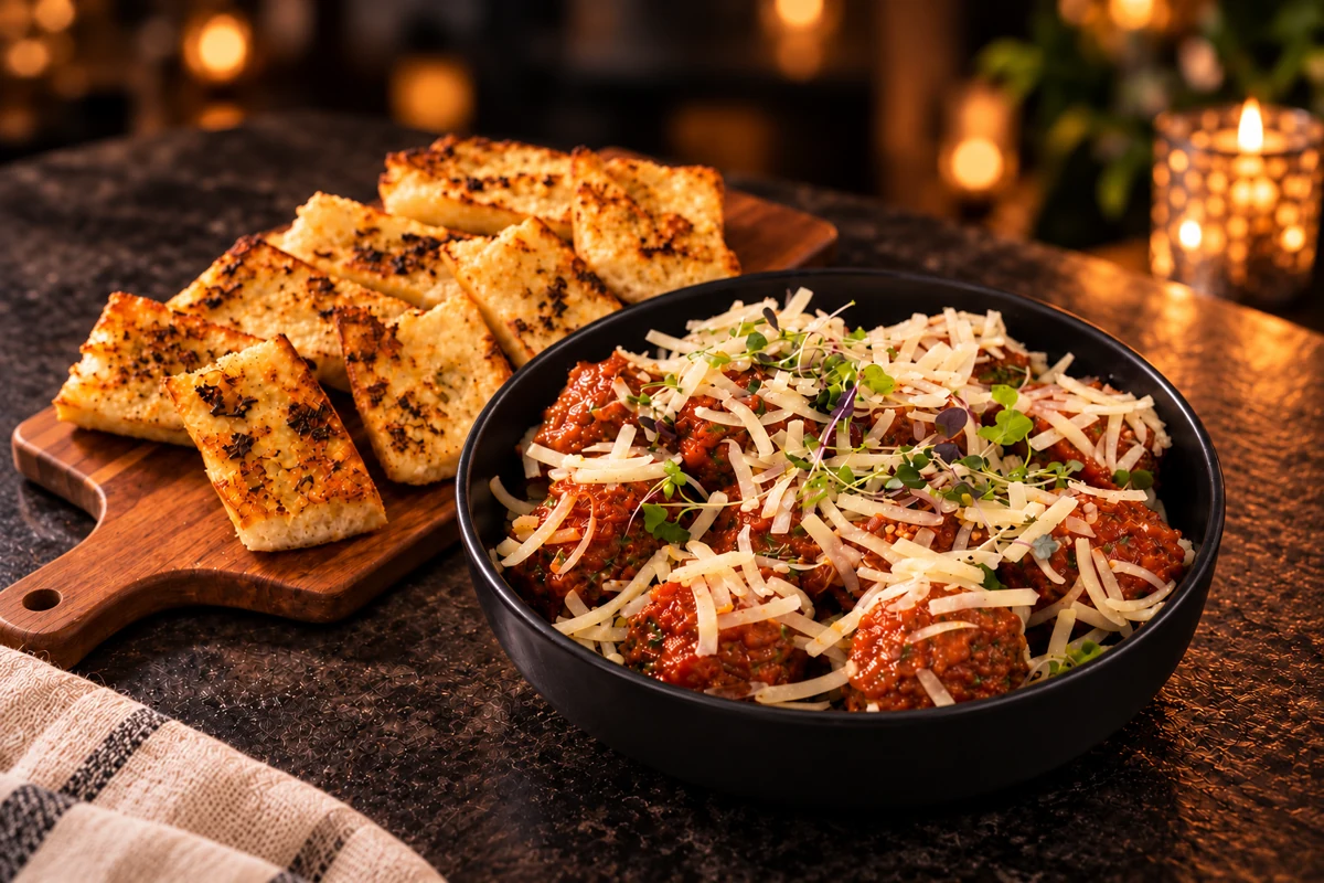 Braised meatballs topped with Parmesan beside toasted garlic bread