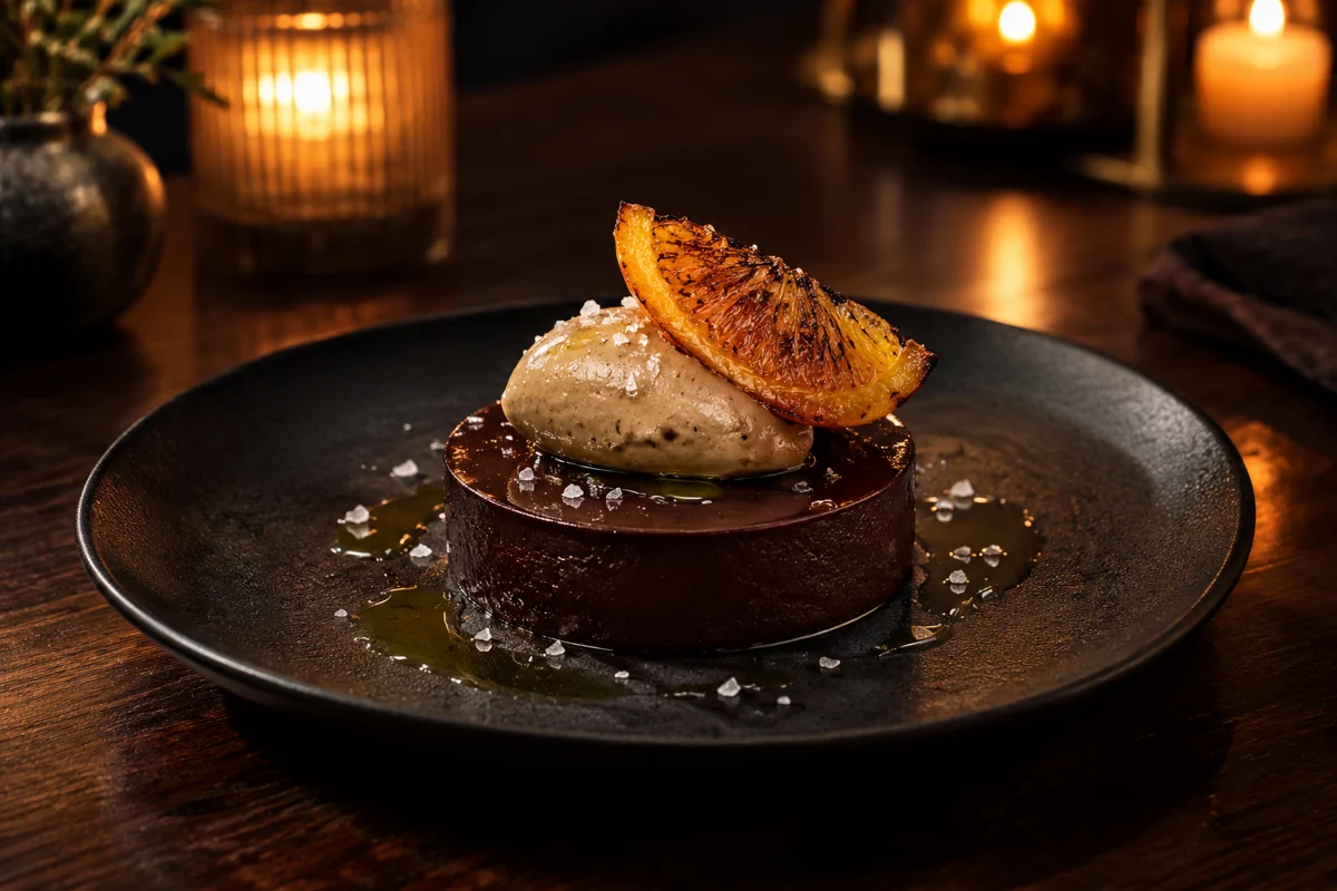 Dark chocolate dessert presented on a black plate by candlelight