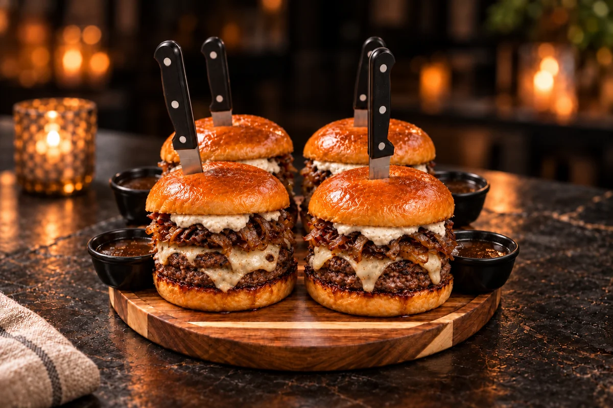 Four beef burgers with Swiss and onions on brioche, with knives and a bowl of jus