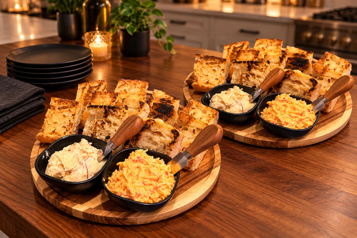 Two round wooden boards of charred bread, whipped butter and pimento cheese on a kitchen bar top