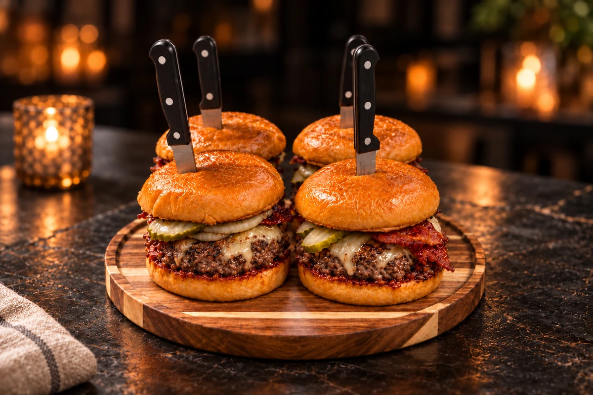 The Butcher burgers on a round wooden board