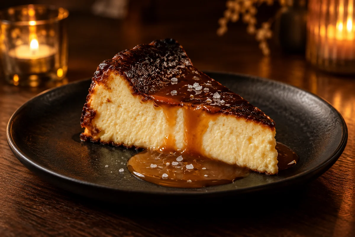Burnt cheesecake with a caramelized top on a black dessert plate