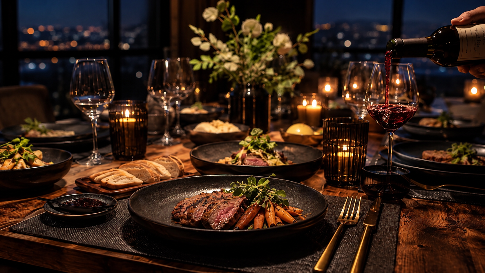 A candlelit Fable table set for dinner as wine is poured