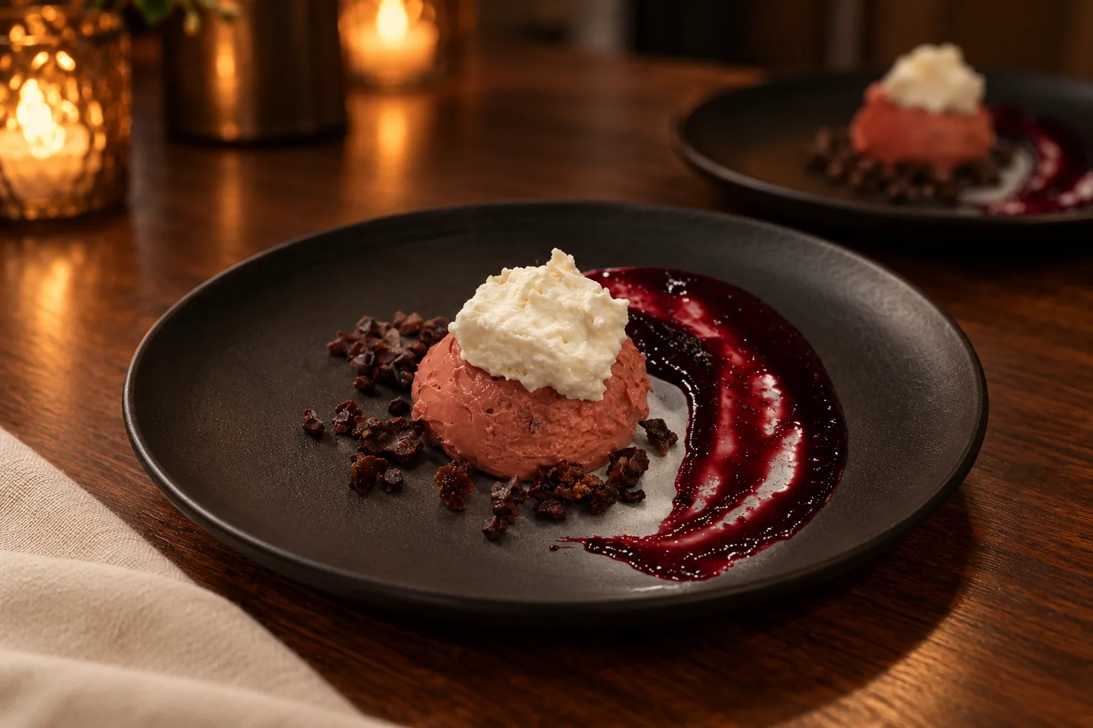 Red velvet mousse topped with goat cheese chantilly on a black dessert plate