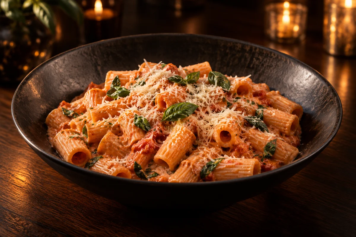 Rigatoni with creamy tomato sauce and fresh basil in a black bowl