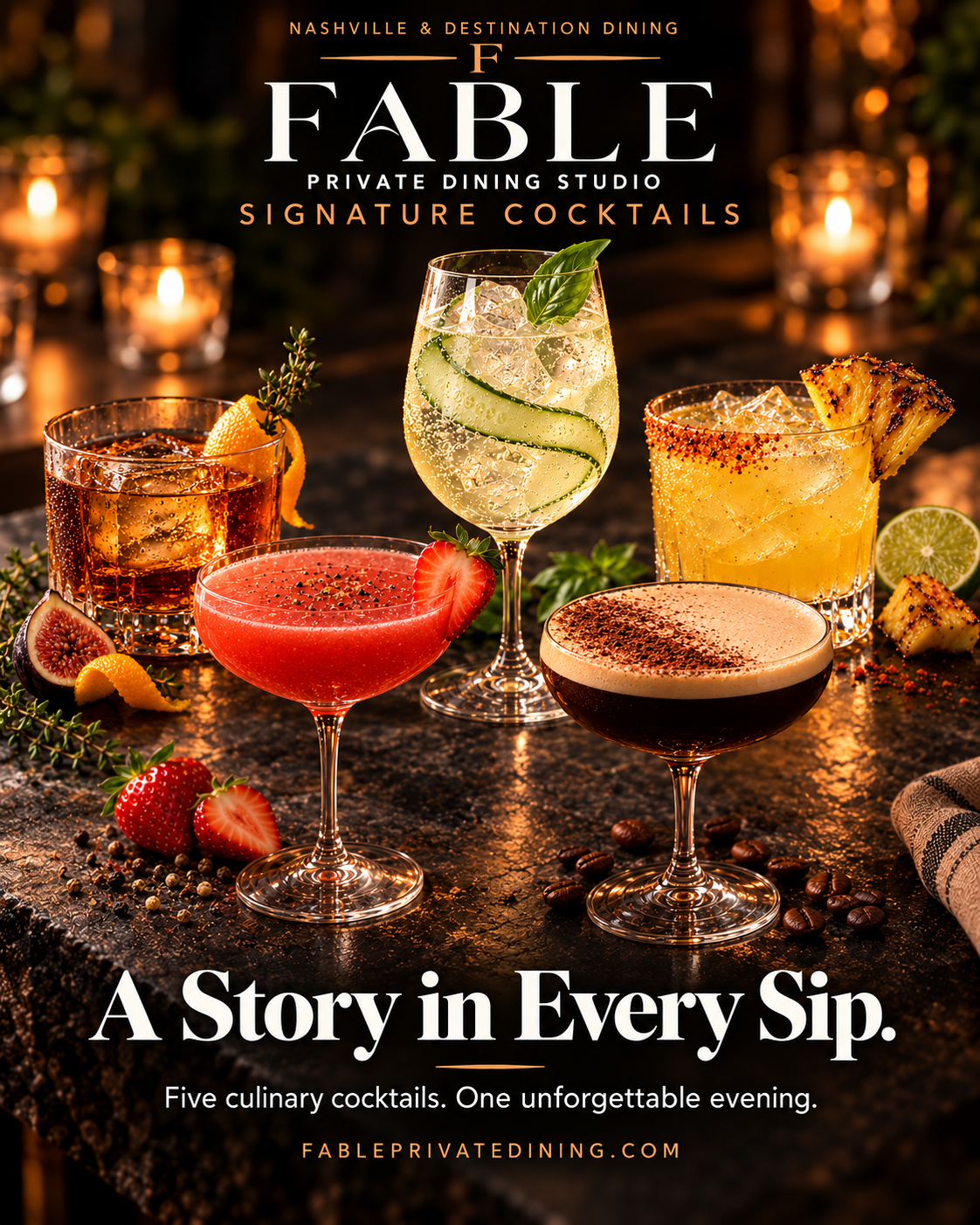 Fable's five signature cocktails at a candlelit table