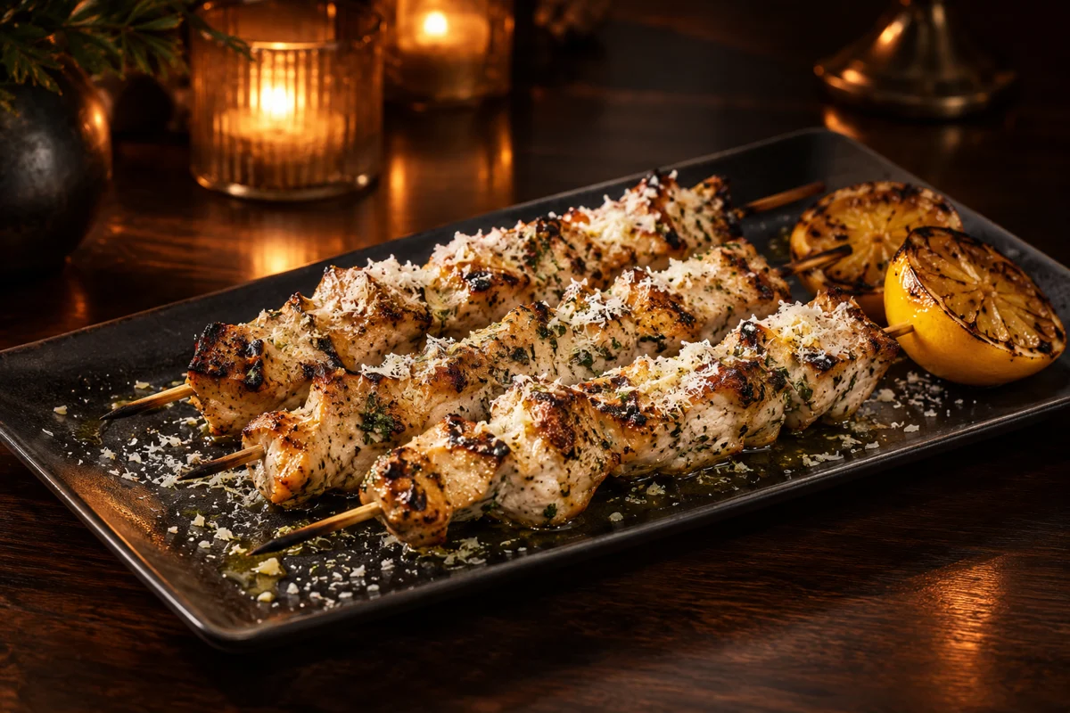 Grilled chicken skewers with charred lemon on a black platter
