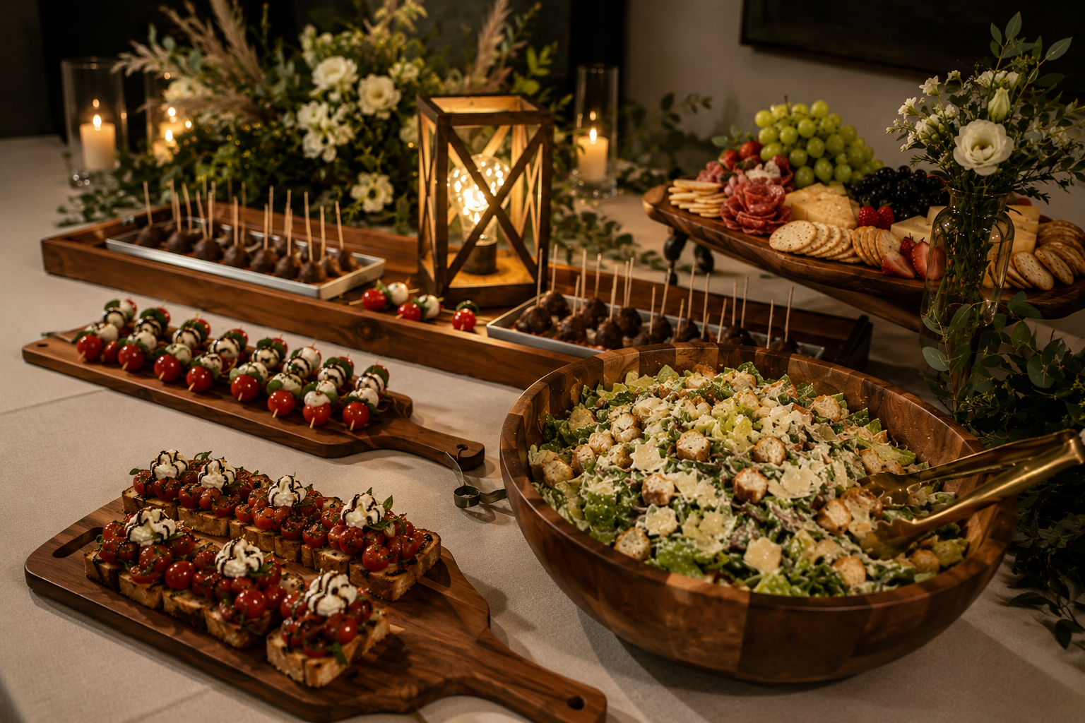 Chef-driven event spread with bruschetta, caprese skewers, charcuterie, cheese and a Caesar salad bowl