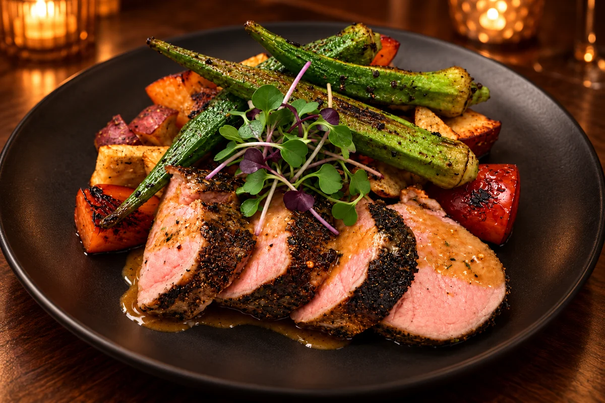 Sliced maple-glazed pork tenderloin with roasted potatoes, charred okra and plums