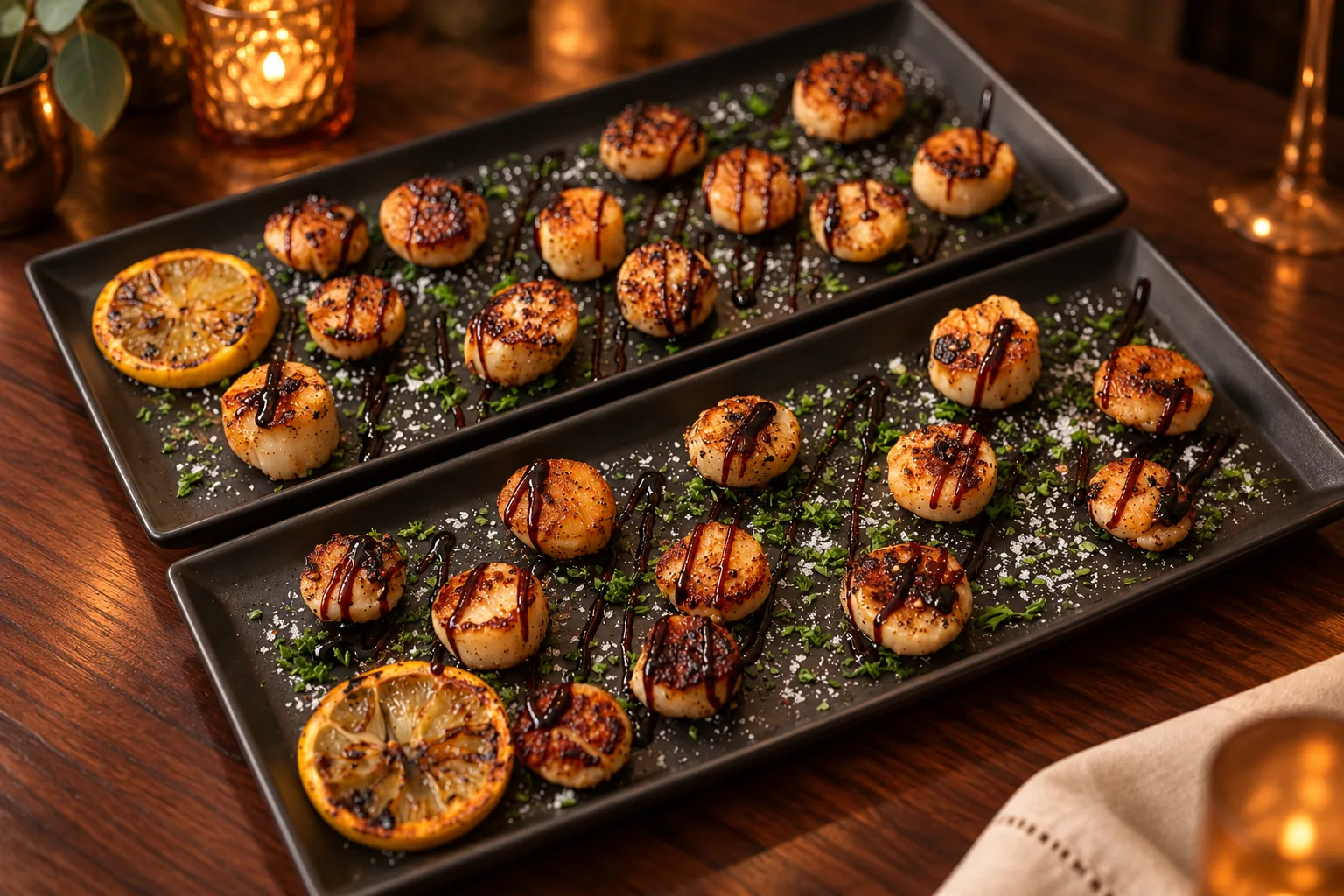 Seared scallops with charred lemon on black rectangular platters