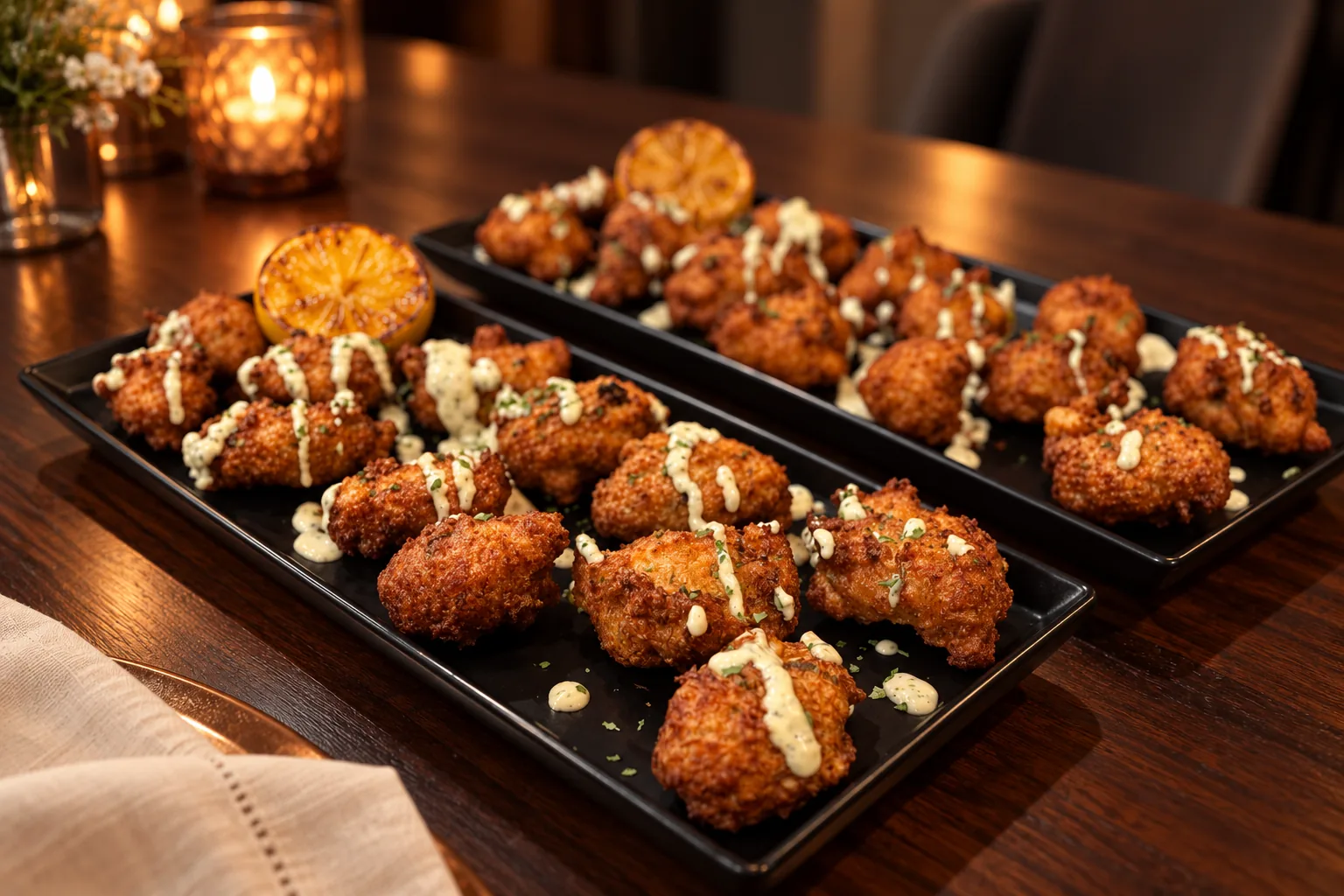 Blue crab beignets with aioli on black serving trays beside candlelight